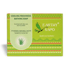 Earthy Sapo Cooling Freshness Bathing Soap with aloe vera and cucumber, shown with fresh aloe vera leaves and cucumber slices