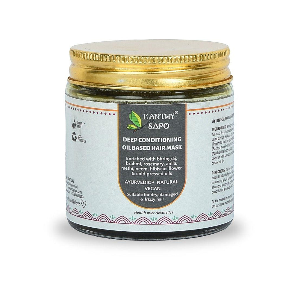Earthy Sapo Deep Conditioning Oil Based Hair Mask in a jar, enriched with Ayurvedic herbs and cold-pressed oils for dry, frizzy and damaged hair