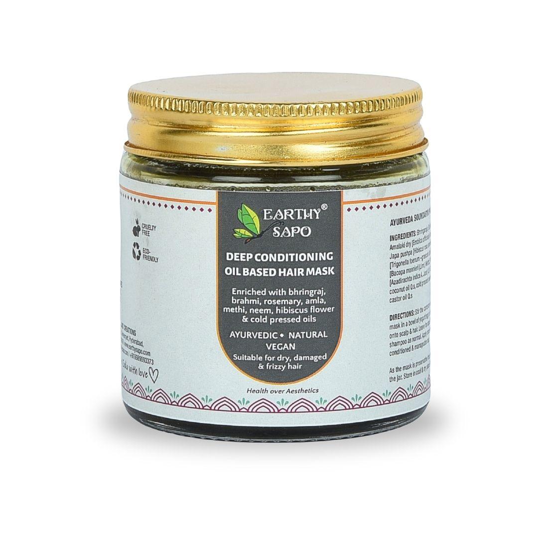 Earthy Sapo Deep Conditioning Oil Based Hair Mask in a jar, enriched with Ayurvedic herbs and cold-pressed oils for dry, frizzy and damaged hair