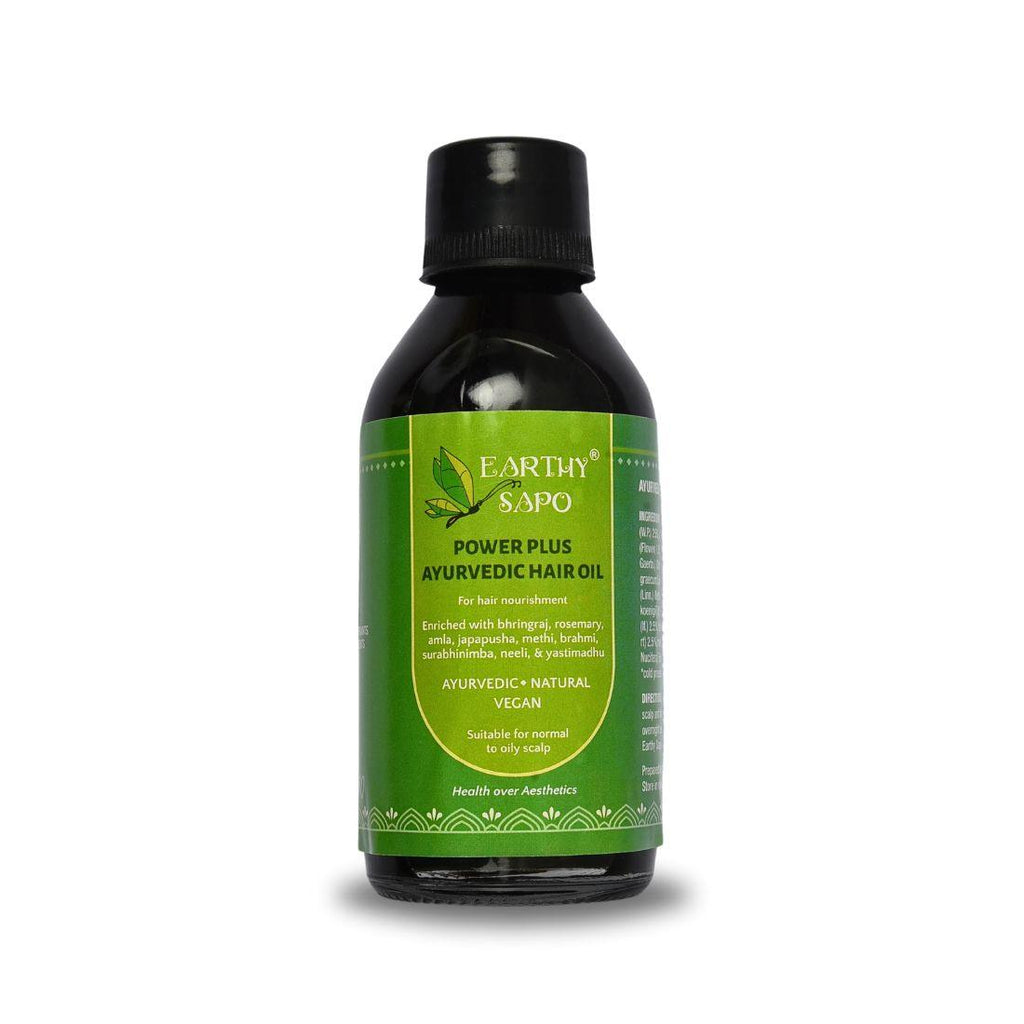 Earthy Sapo Power Plus Ayurvedic Hair Oil with Bhringraj, Rosemary, Amla and other Ayurvedic herbs for hair nourishment.