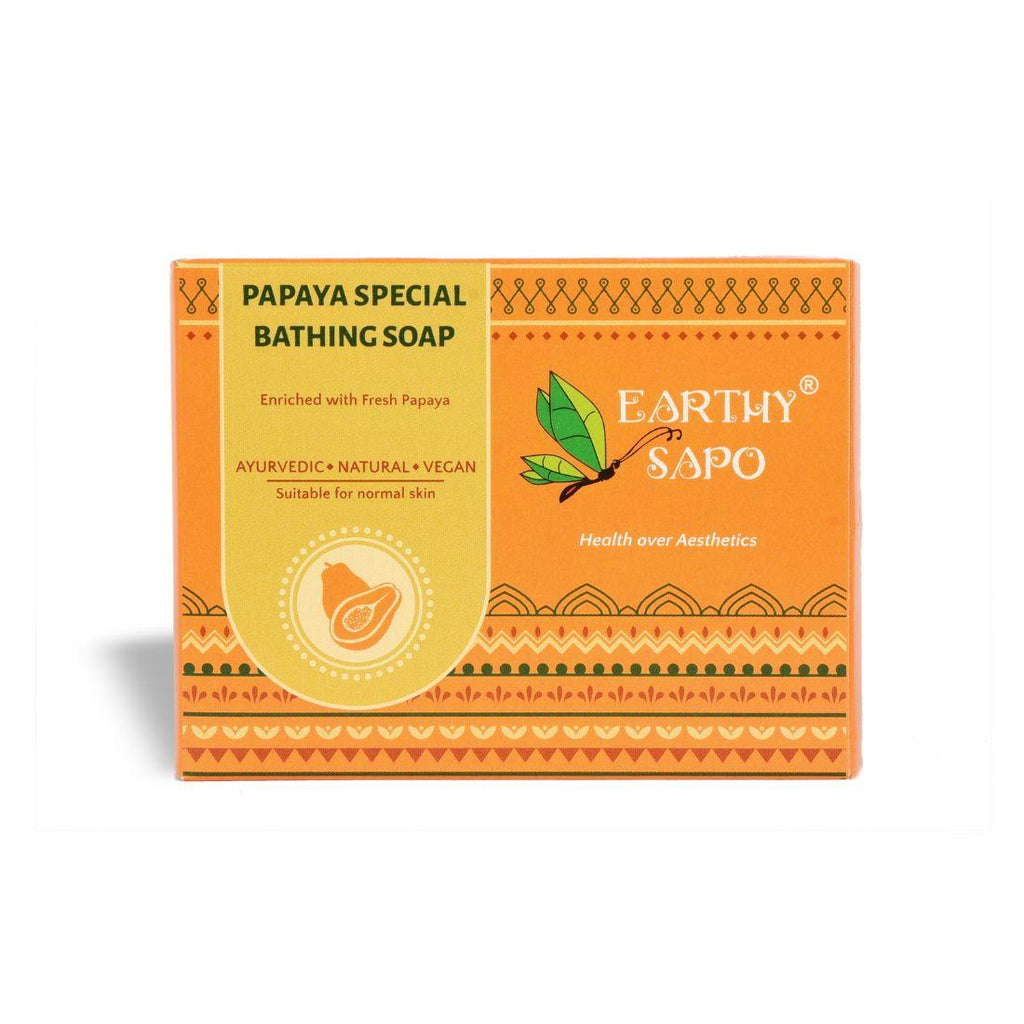 Earthy Sapo Papaya Special Bathing Soap enriched with fresh papaya for gentle cleansing and skin nourishment.