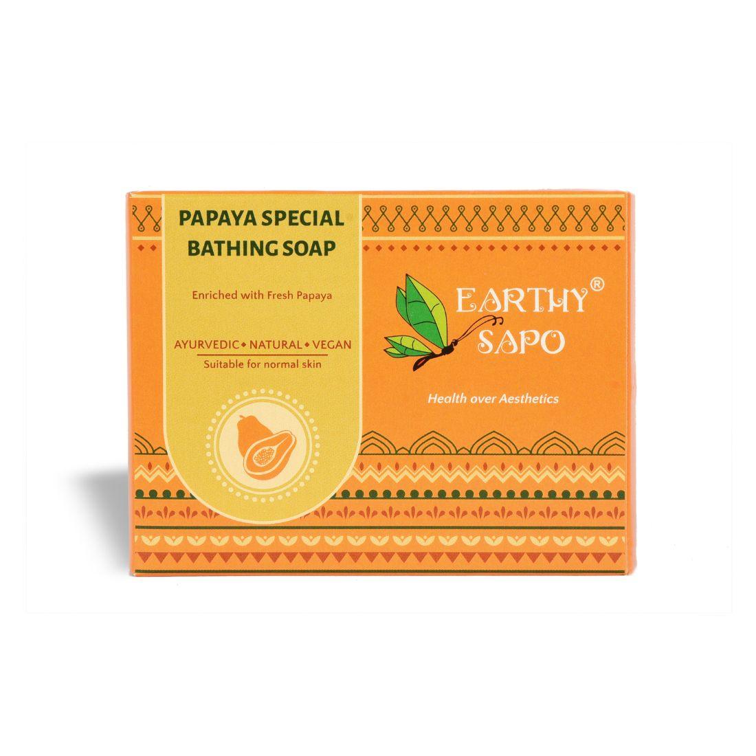 Earthy Sapo Papaya Special Bathing Soap enriched with fresh papaya for gentle cleansing and skin nourishment.