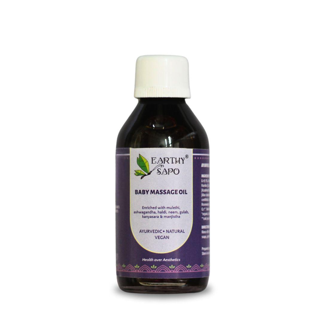 Earthy Sapo Baby Massage Oil with Ayurvedic herbs and cold-pressed sesame and coconut oils for gentle baby skin care