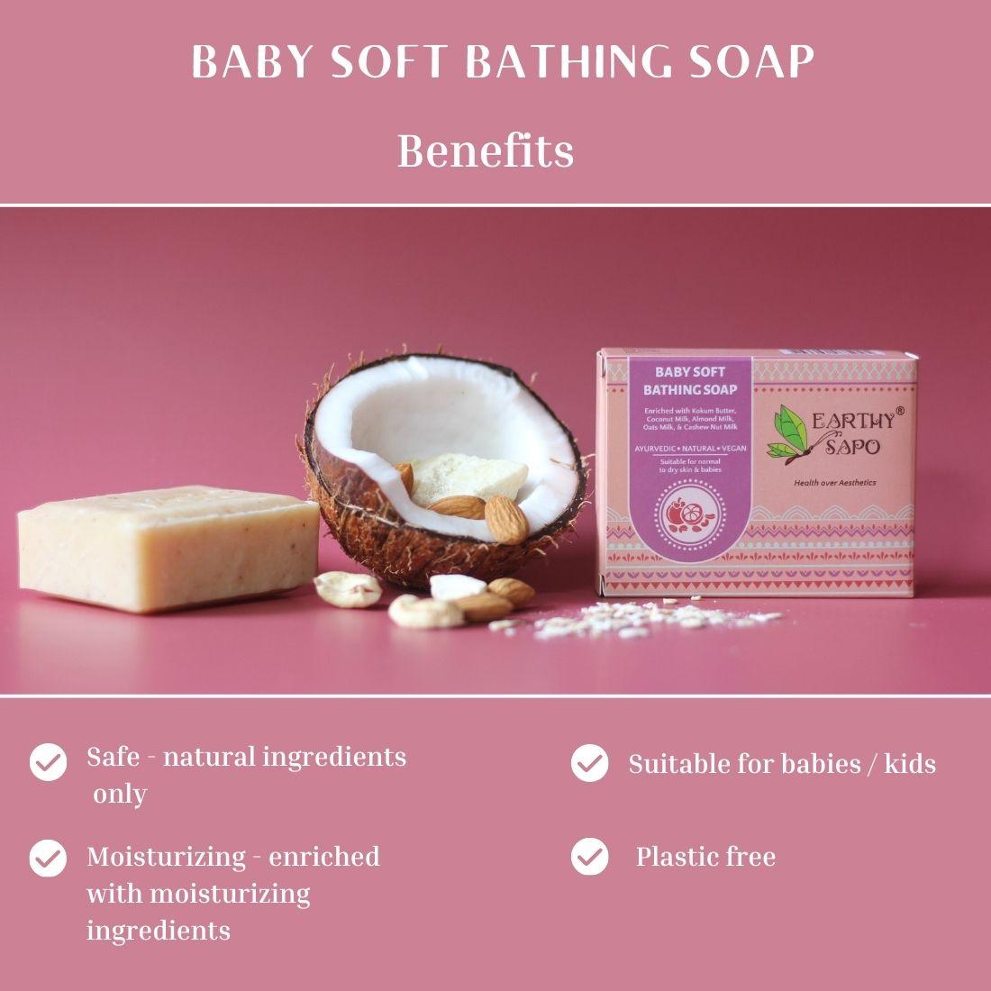 Earthy Sapo Baby Soft Bathing Soap benefits for babies and kids, with natural moisturizing ingredients and plastic-free packaging