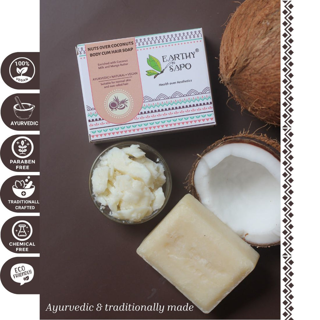 Earthy Sapo Nuts Over Coconuts Body & Hair Soap with coconut and natural ingredients, vegan and Ayurvedic.