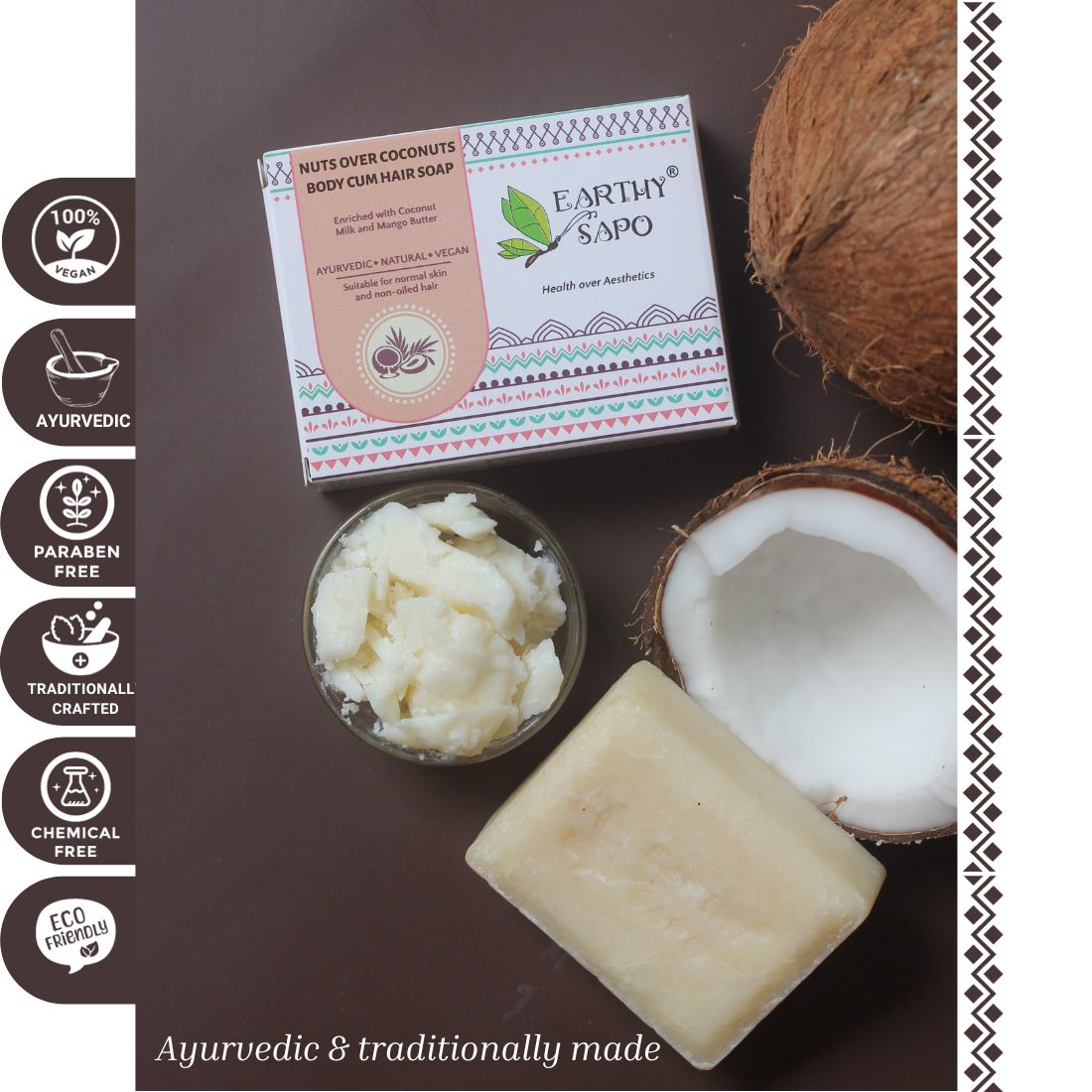 Earthy Sapo Nuts Over Coconuts Body & Hair Soap with coconut and natural ingredients, vegan and Ayurvedic.