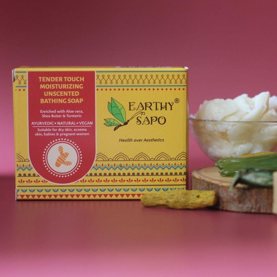 Earthy Sapo Tender Touch Moisturizing Unscented Bathing Soap with aloe vera, shea butter and turmeric for dry and sensitive skin.