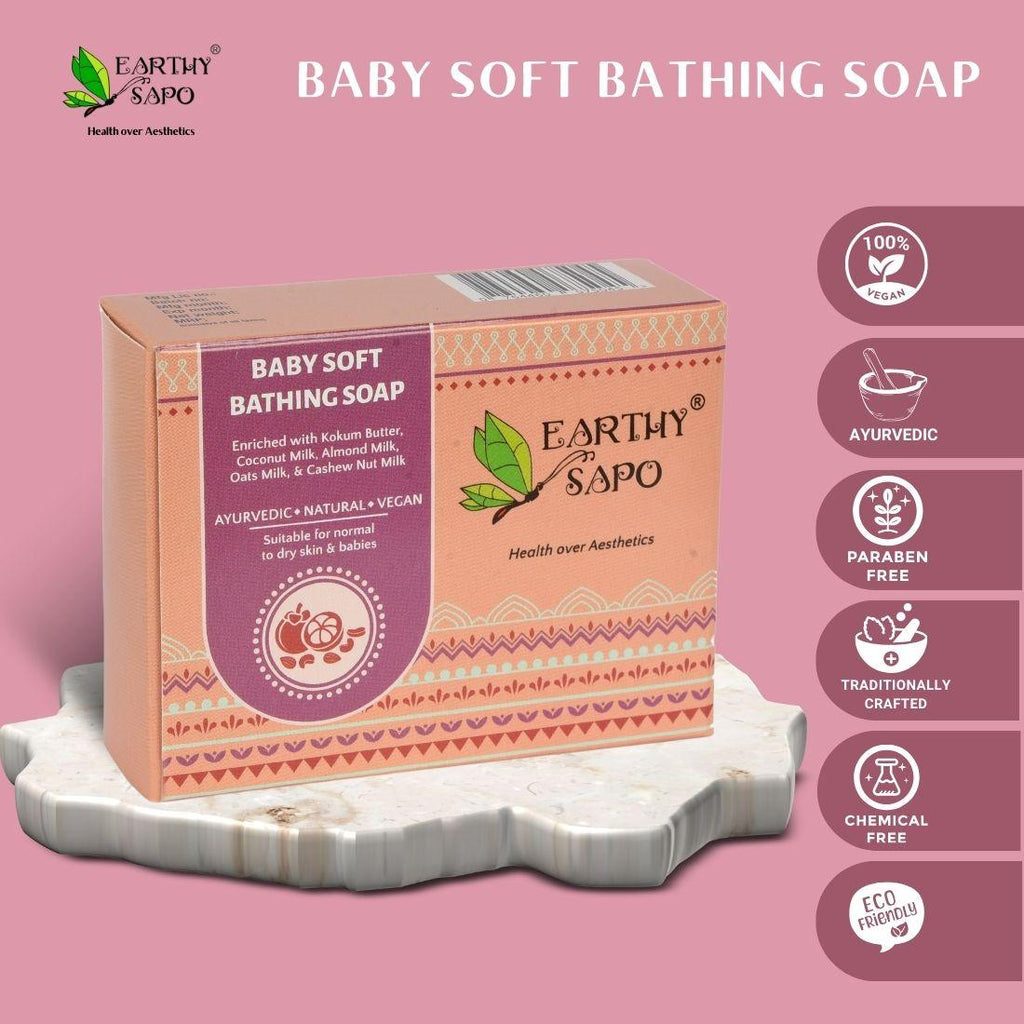 Earthy Sapo Baby Soft Bathing Soap with natural, Ayurvedic and vegan formulation for gentle baby skincare