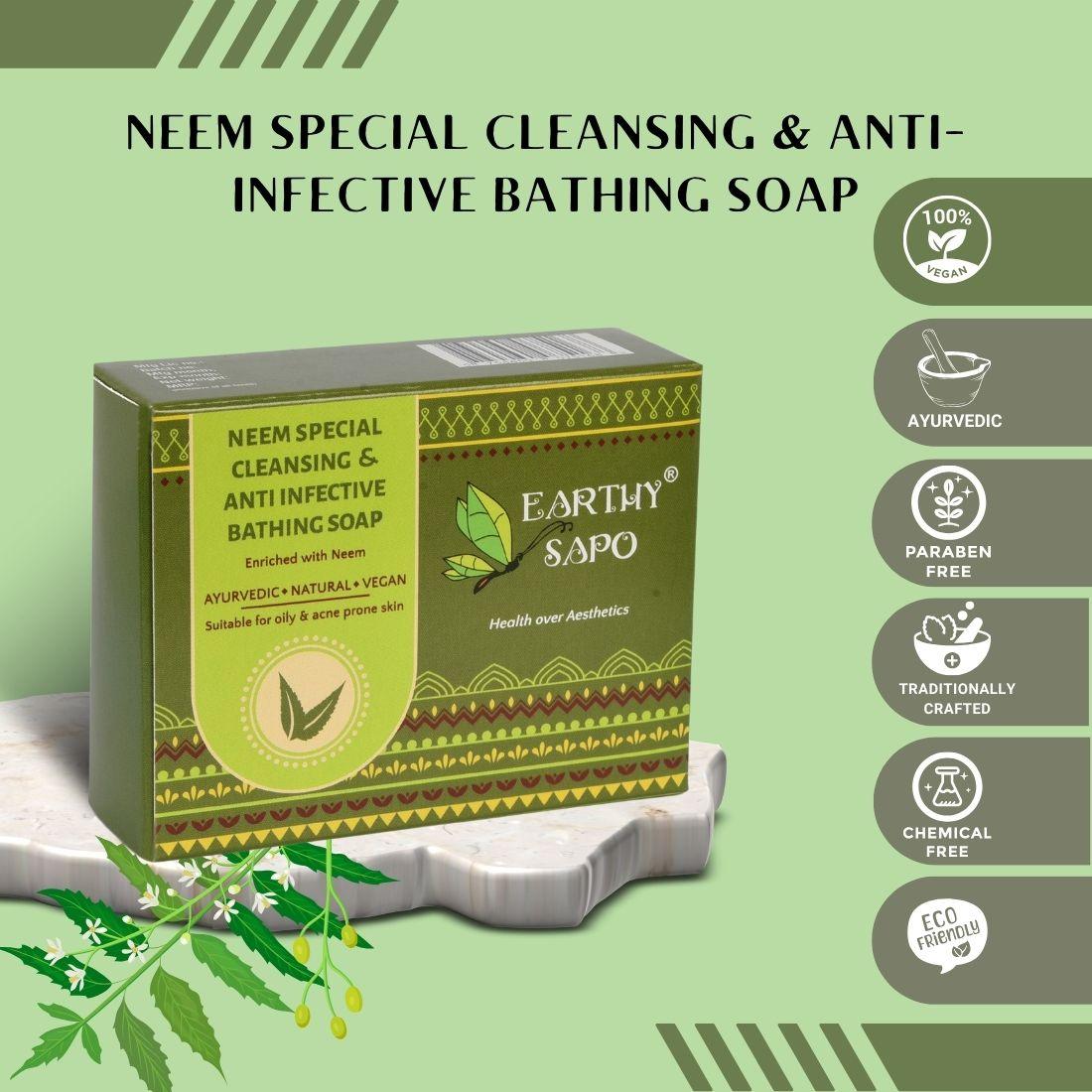 Earthy Sapo Neem Special Cleansing & Anti-infective Bathing Soap, Ayurvedic vegan soap for oily and acne-prone skin