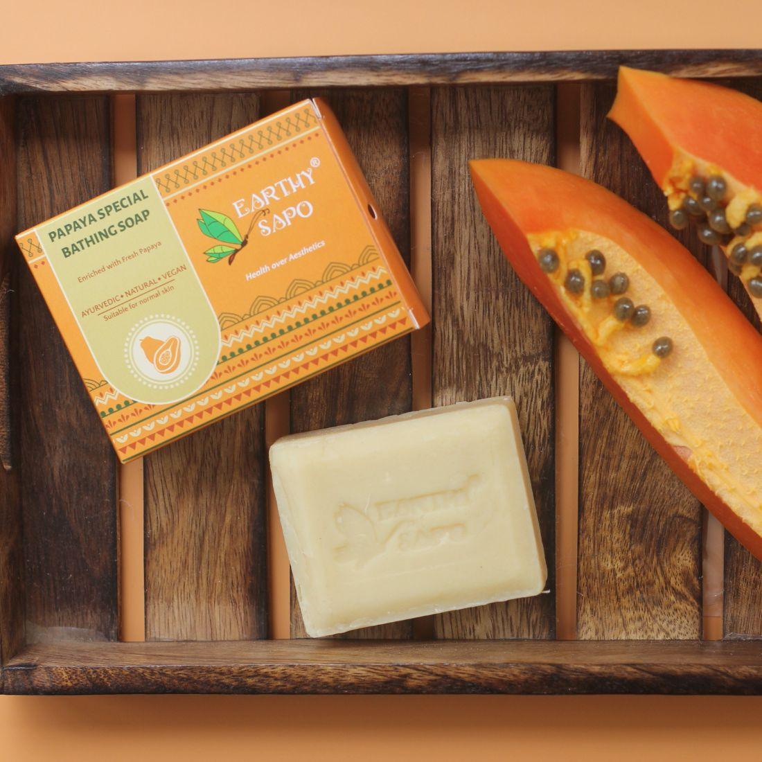 Earthy Sapo Papaya Special Bathing Soap with fresh papaya puree for gentle cleansing and skin nourishment.