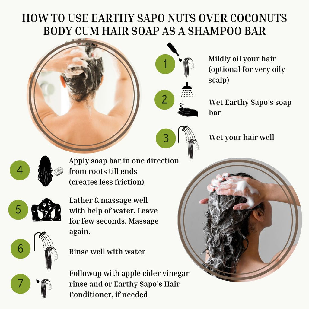 How to use Earthy Sapo Nuts Over Coconuts Body & Hair Soap as a shampoo bar with step-by-step hair washing instructions.