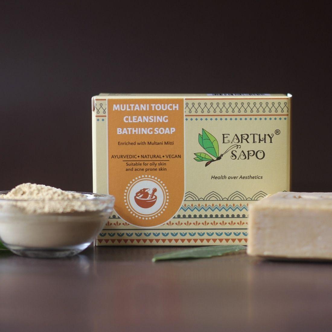 Earthy Sapo Multani Touch Cleansing Bathing Soap enriched with Multani Mitti for oily and acne-prone skin