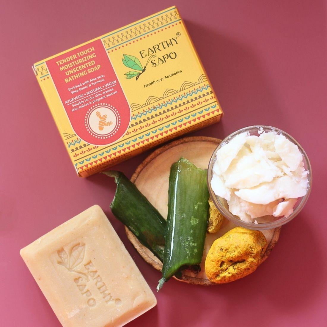 Earthy Sapo Tender Touch Unscented Moisturizing Bathing Soap with aloe vera, shea butter and turmeric.