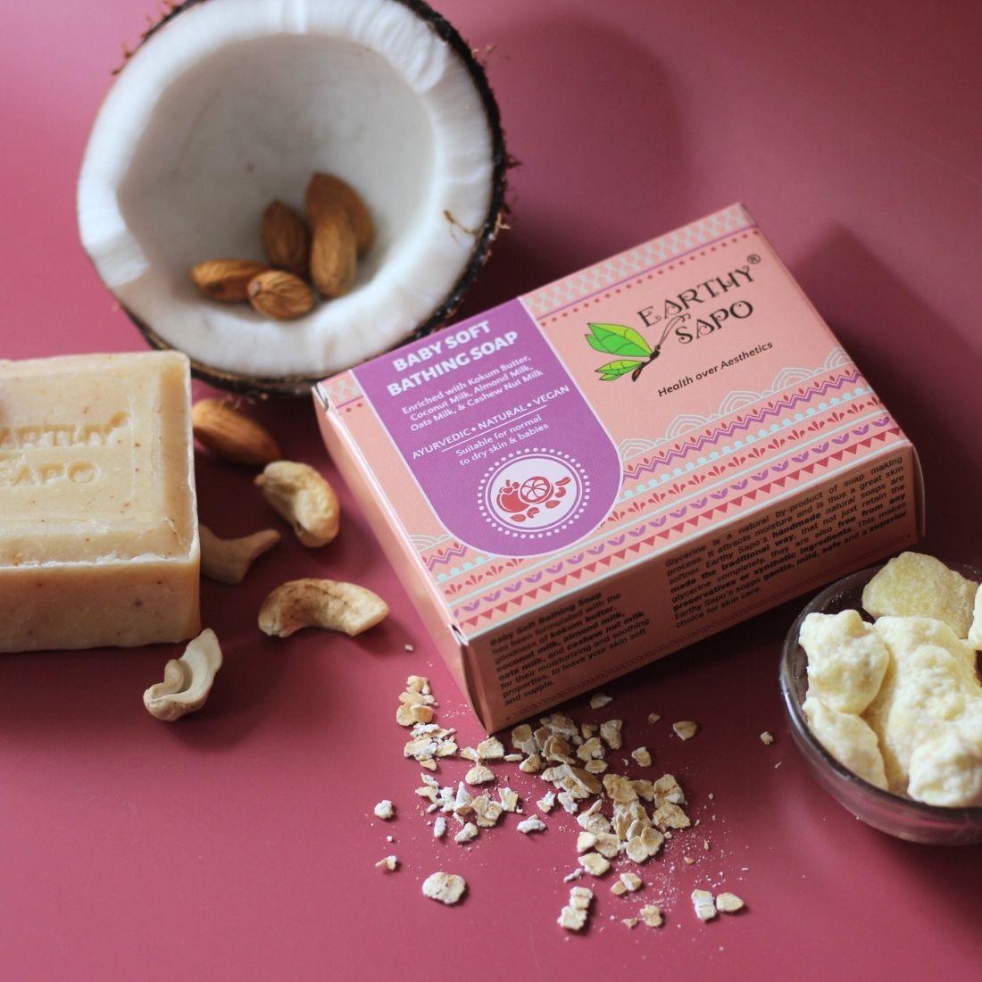Earthy Sapo Baby Soft Bathing Soap with kokum butter, coconut milk, almond milk, oats milk and cashew nut milk