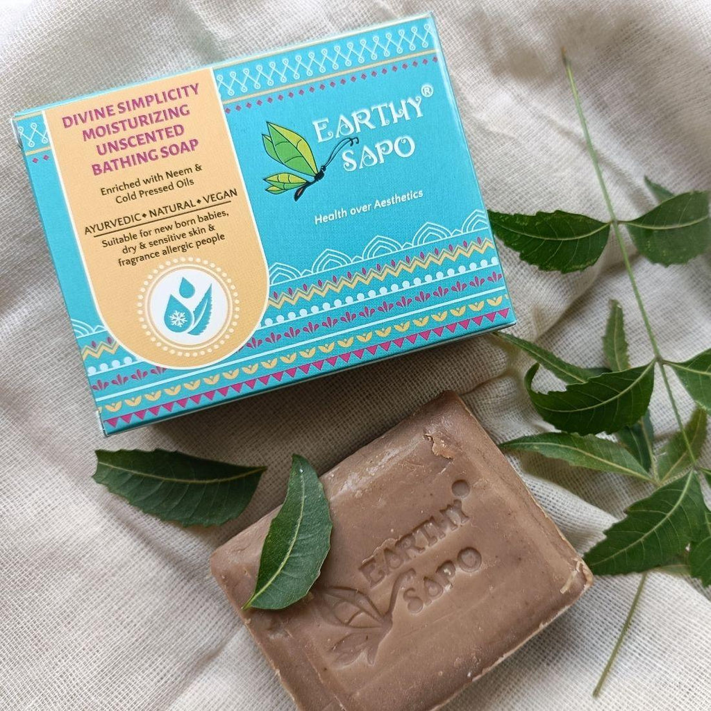 Earthy Sapo Divine Simplicity Moisturizing Unscented Bathing Soap with neem juice and cold-pressed oils for dry and sensitive skin