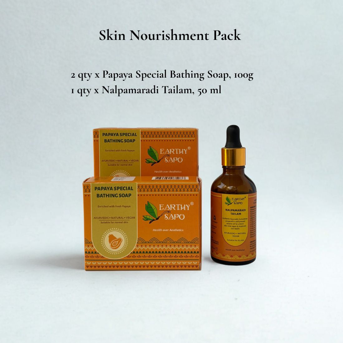 Earthy Sapo Skin Nourishment Pack with Papaya Special Bathing Soap and Nalpamaradi Tailam for natural skincare.