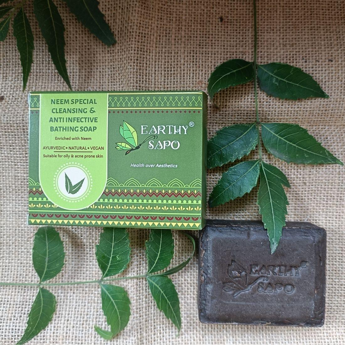 Earthy Sapo Neem Special Cleansing & Anti-infective Bathing Soap with fresh neem leaves