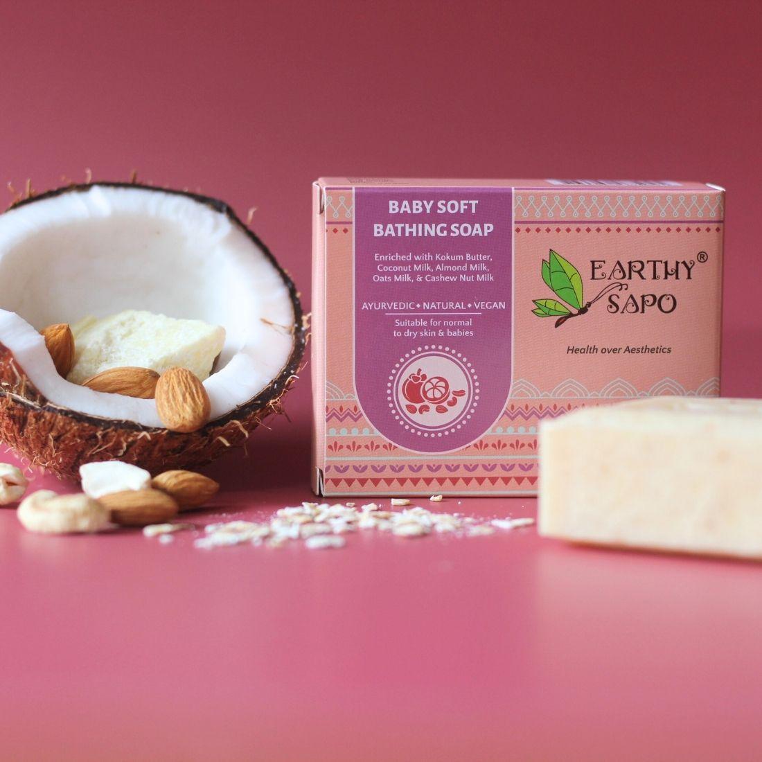 Earthy Sapo Baby Soft Bathing Soap with kokum butter, coconut milk, almond milk, oats milk and cashew nut milk