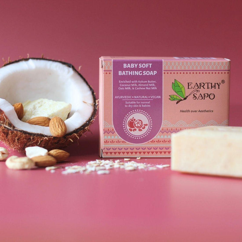 Earthy Sapo Baby Soft Bathing Soap with kokum butter, coconut milk, almond milk, oats milk and cashew nut milk