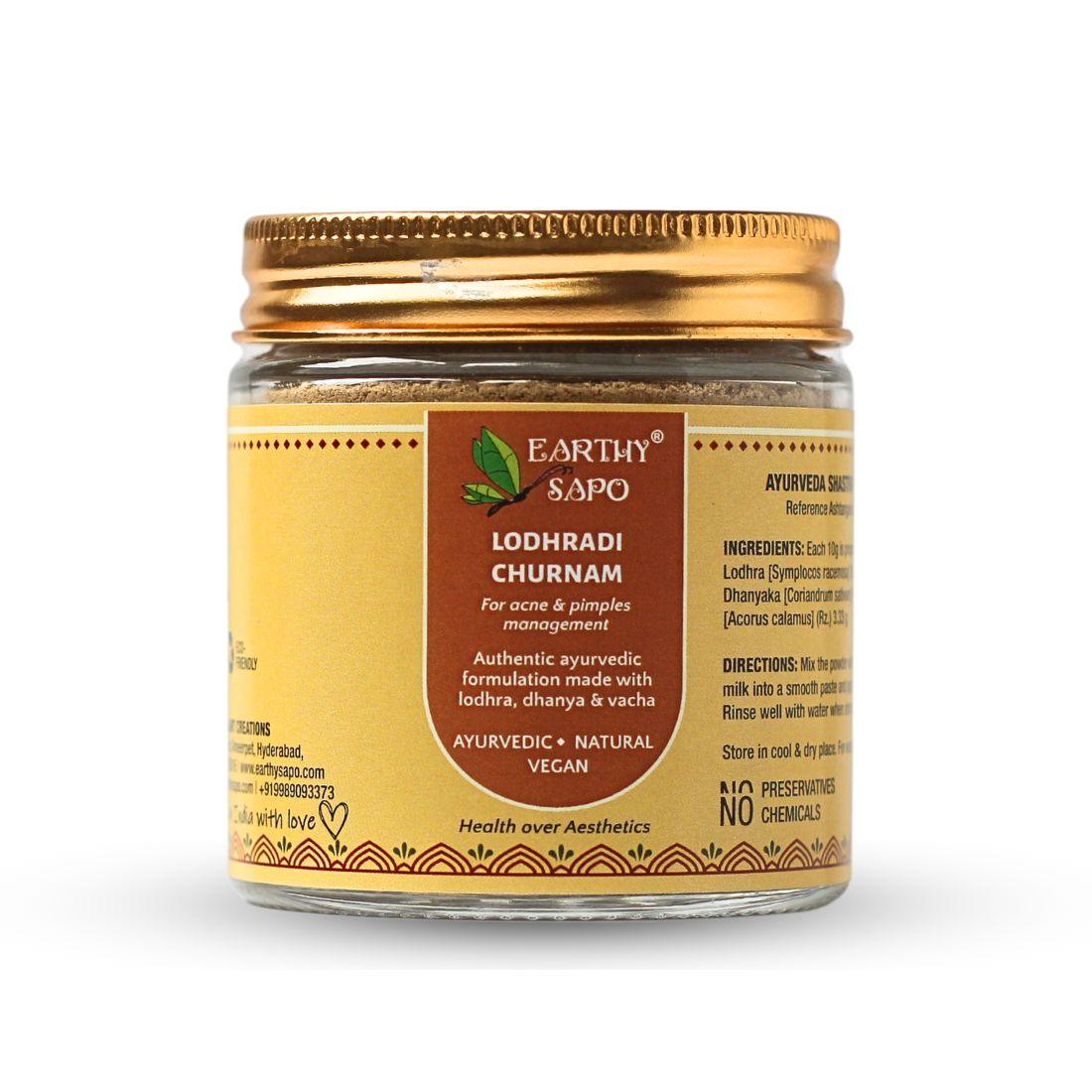 Earthy Sapo Lodhradi Churnam Ayurvedic herbal powder for pimples and acne-prone skin