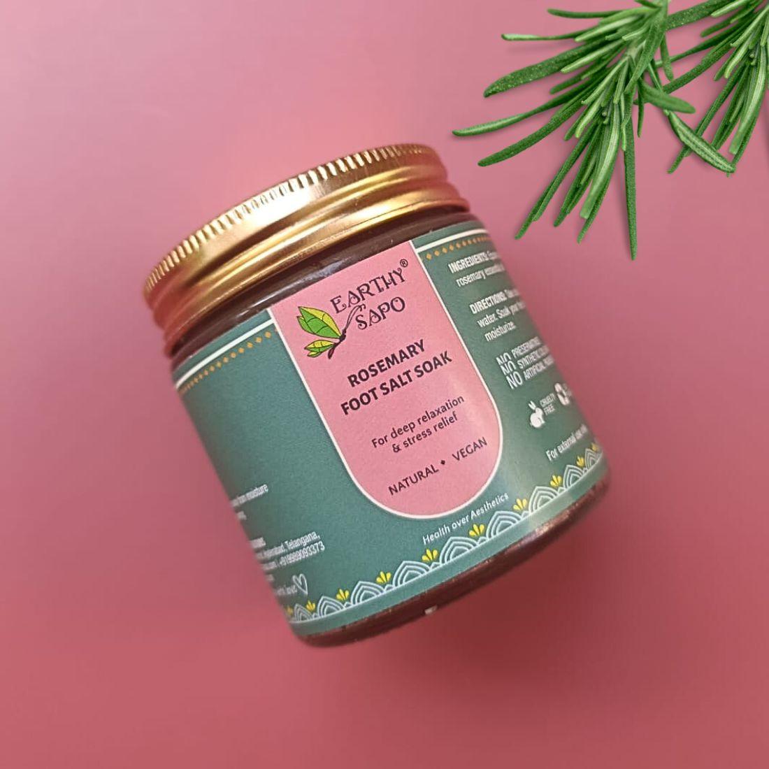 Earthy Sapo Rosemary Foot Soak Salt for relaxing tired feet and foot care.
