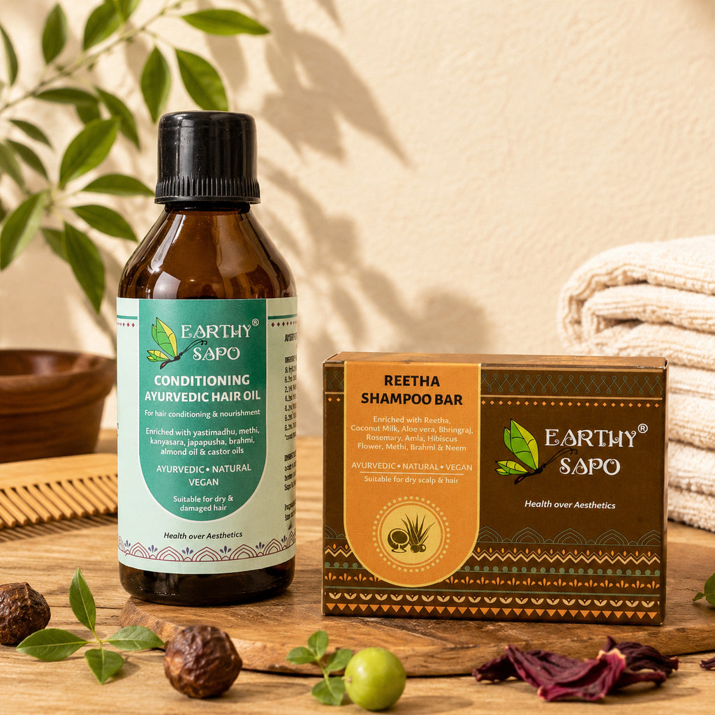 Earthy Sapo Ayurvedic hair care routine with Conditioning Hair Oil and Reetha Shampoo Bar for dry, rough and frizzy hair.