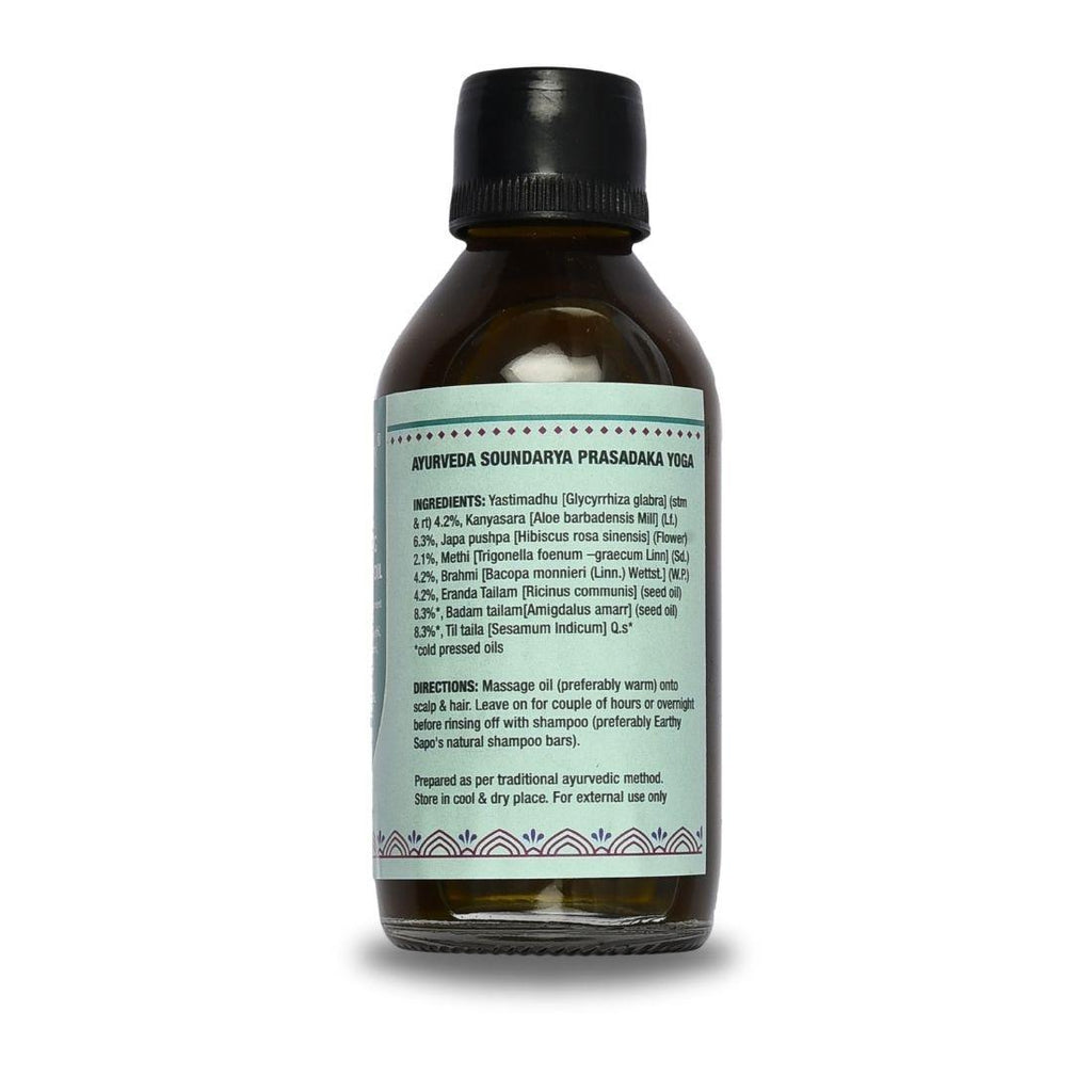 Earthy Sapo Conditioning Ayurvedic Hair Oil for dry and damaged hair, enriched with yastimadhu, hibiscus, brahmi, methi and cold-pressed oils