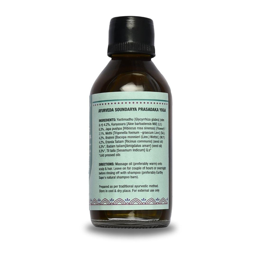 Earthy Sapo Conditioning Ayurvedic Hair Oil for dry and damaged hair, enriched with yastimadhu, hibiscus, brahmi, methi and cold-pressed oils