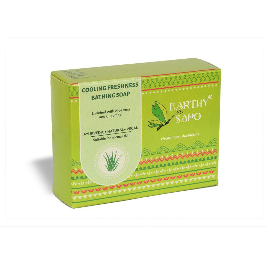 Earthy Sapo Cooling Freshness Bathing Soap with aloe vera and cucumber, shown with fresh aloe vera leaves and cucumber slices