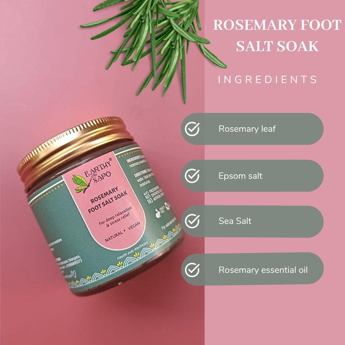 Earthy Sapo Rosemary Foot Soak Salt ingredients including rosemary leaves, Epsom salt, sea salt and rosemary essential oil.