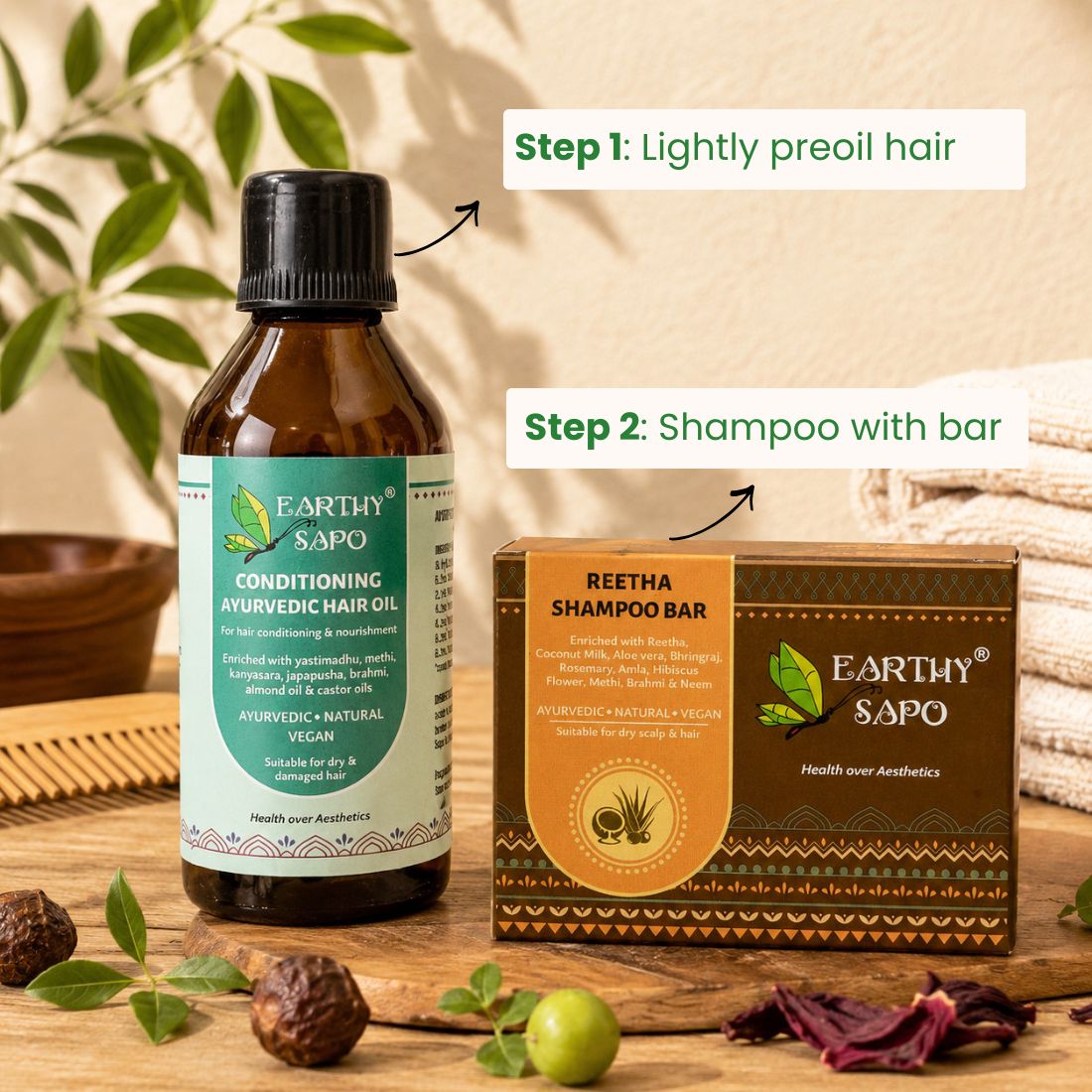 How to use Earthy Sapo Conditioning Ayurvedic Hair Oil and Reetha Shampoo Bar for dry, rough and frizzy hair.