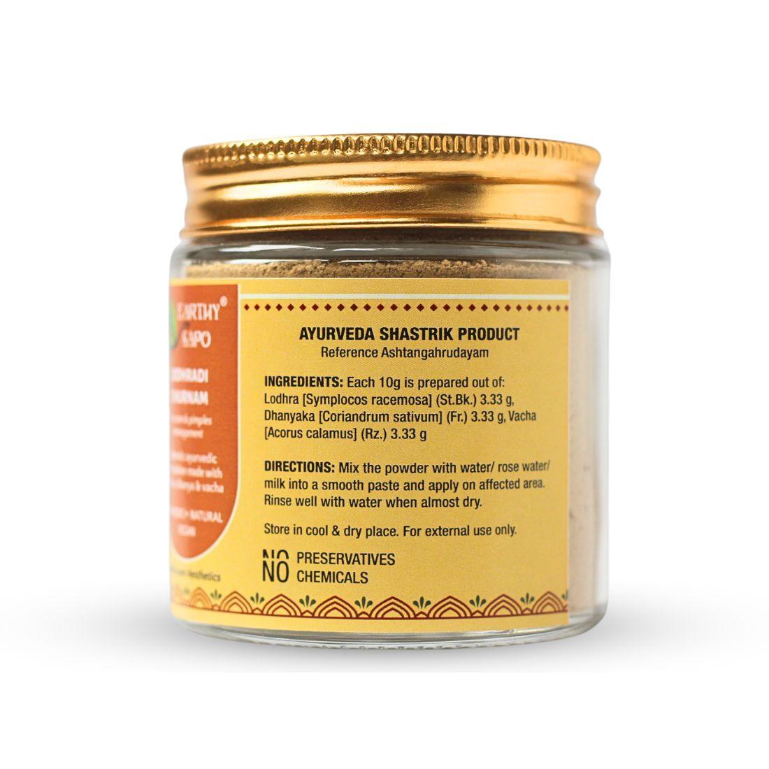 Earthy Sapo Lodhradi Churnam Ayurvedic herbal powder for pimples and acne-prone skin