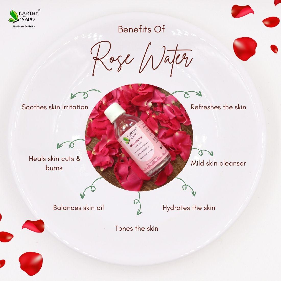 Earthy Sapo Rose Water Facial Toner benefits including skin hydration, oil balance and soothing.