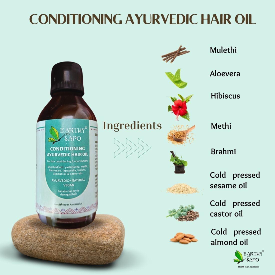 Earthy Sapo Conditioning Ayurvedic Hair Oil with mulethi, aloe vera, hibiscus, methi, brahmi, and cold-pressed sesame, castor and almond oils