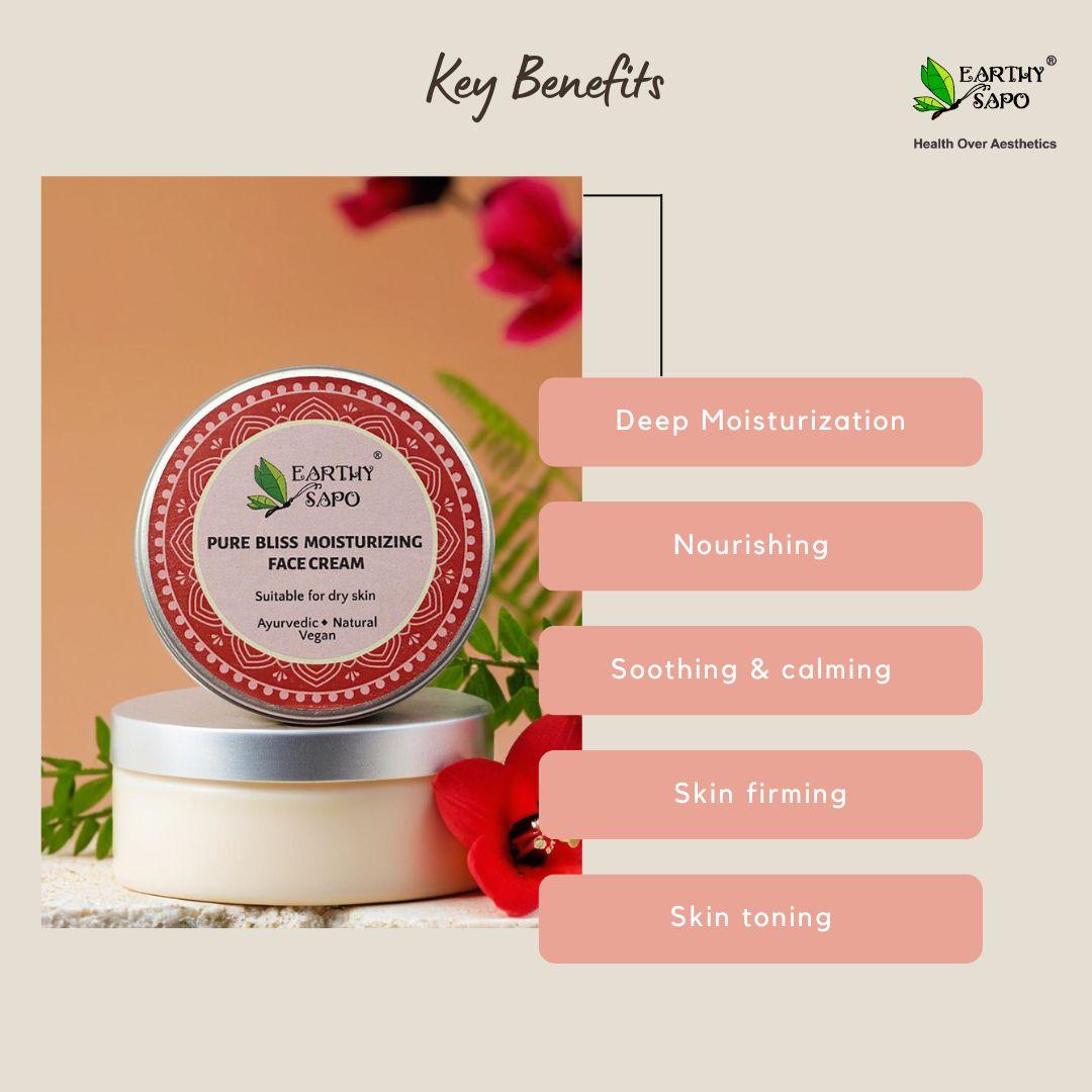 Earthy Sapo Pure Bliss Moisturizing Face Cream with key benefits including deep moisturization, nourishment and skin soothing.