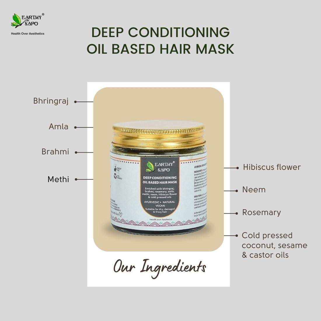 Earthy Sapo Deep Conditioning Oil Based Hair Mask with Bhringraj, Amla, Brahmi, Methi, Hibiscus, Neem, Rosemary and cold-pressed coconut, sesame and castor oils
