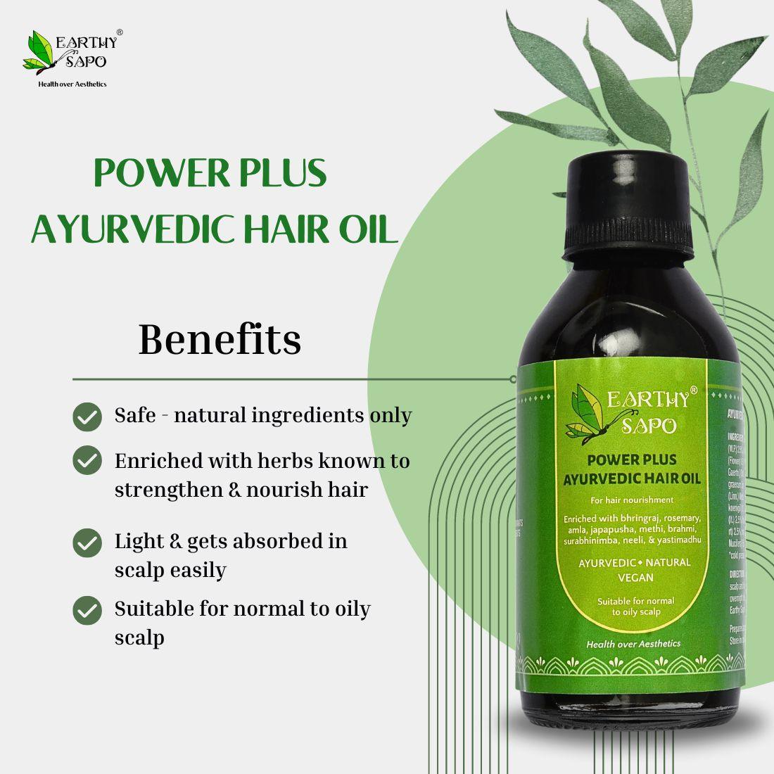 Earthy Sapo Power Plus Ayurvedic Hair Oil with natural herbs for nourishing and strengthening hair.