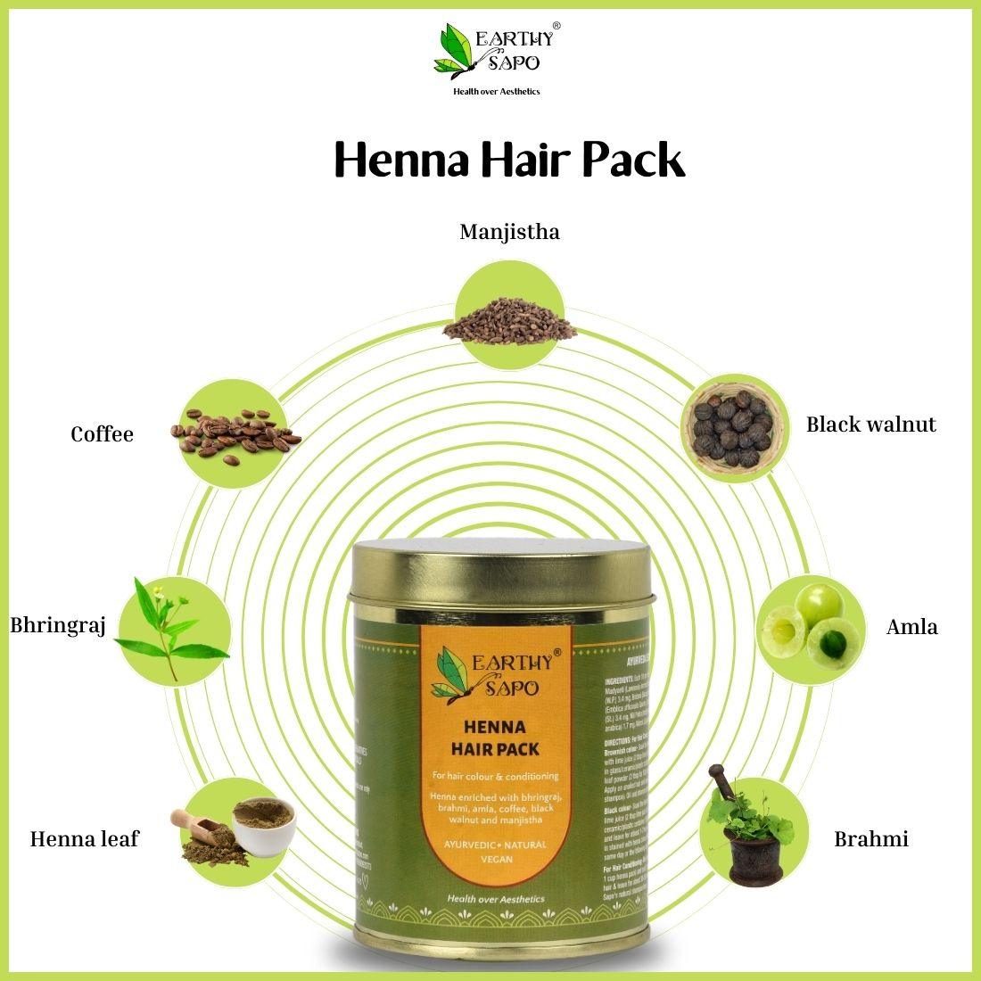 Earthy Sapo Henna Hair Pack with henna, bhringraj, brahmi, amla, coffee, black walnut and manjistha