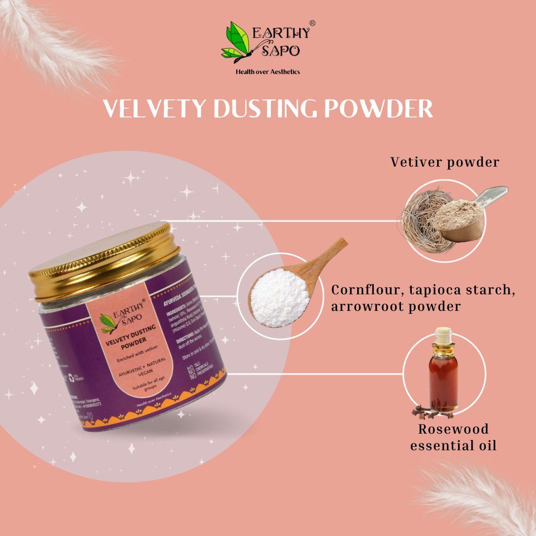 Ingredient infographic of Earthy Sapo Velvety Dusting Powder featuring vetiver powder, arrowroot powder, tapioca starch, cornflour, and rosewood essential oil.