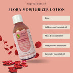 Earthy Sapo Flora Moisturizer Lotion with rose, cold-pressed coconut oil, shea and cocoa butter, almond oil, and lavender essential oil