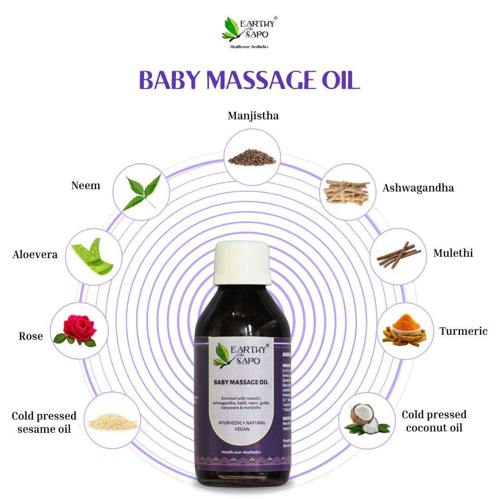 Earthy Sapo Baby Massage Oil with Ayurvedic herbs including manjistha, neem, aloe vera, rose, ashwagandha, mulethi and turmeric, with cold-pressed sesame and coconut oils
