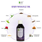 Earthy Sapo Baby Massage Oil with Ayurvedic herbs including manjistha, neem, aloe vera, rose, ashwagandha, mulethi and turmeric, with cold-pressed sesame and coconut oils