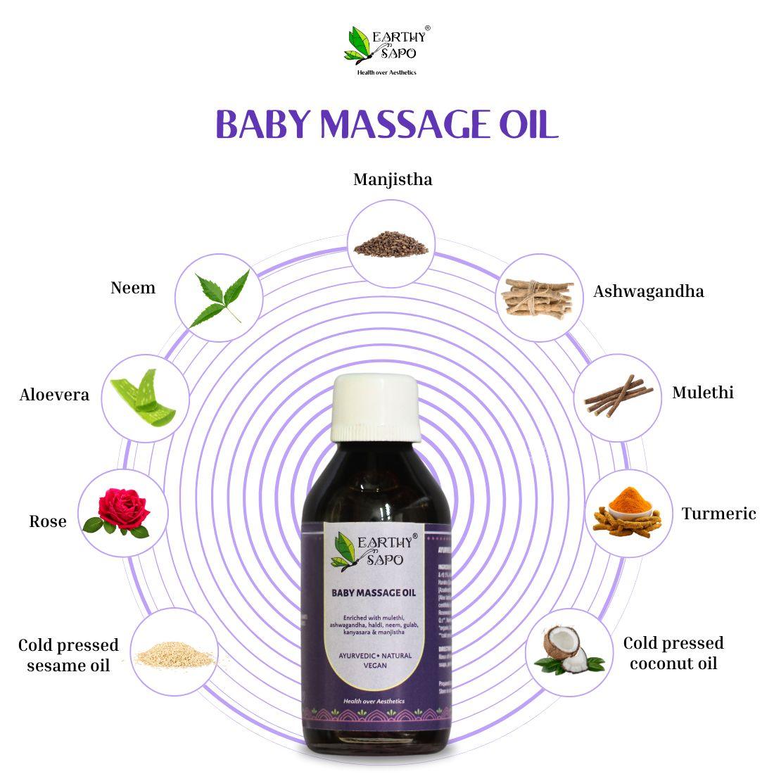 Earthy Sapo Baby Massage Oil with Ayurvedic herbs including manjistha, neem, aloe vera, rose, ashwagandha, mulethi and turmeric, with cold-pressed sesame and coconut oils