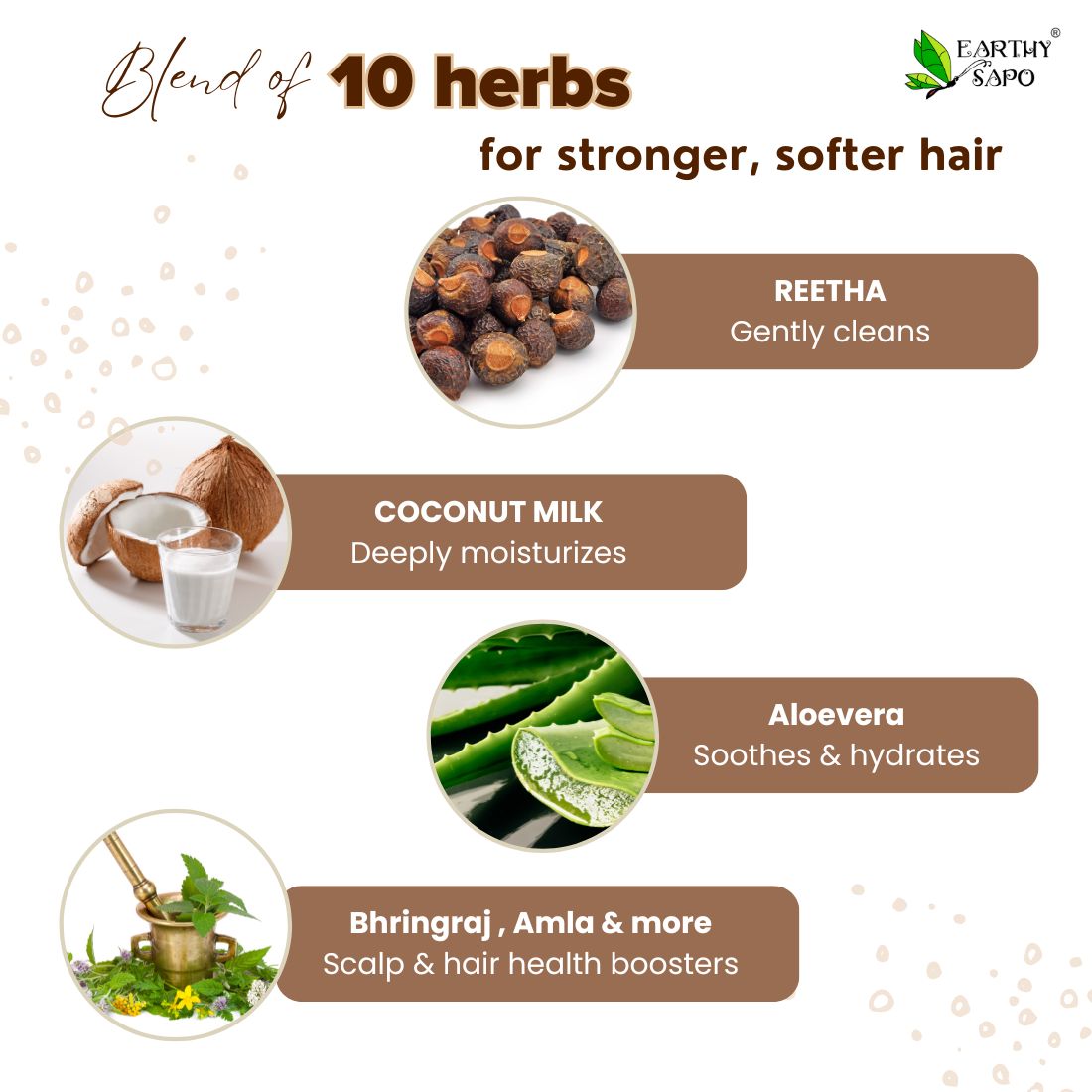 Earthy Sapo Reetha Shampoo Bar with reetha, coconut milk, aloe vera, bhringraj and amla for stronger, softer hair.