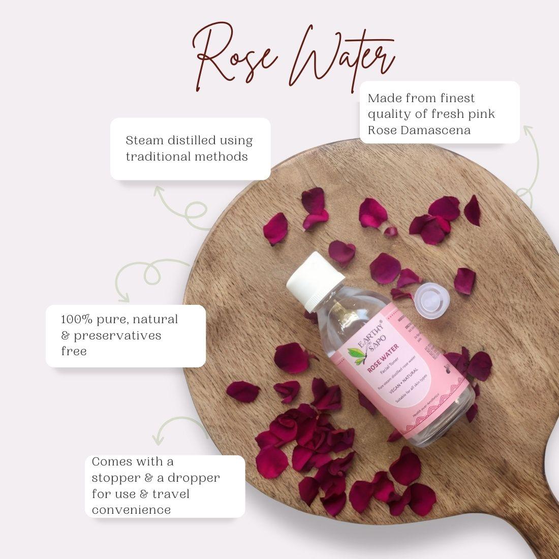 Earthy Sapo Pure Rose Water Facial Toner made from steam-distilled Rose Damascena using traditional methods.