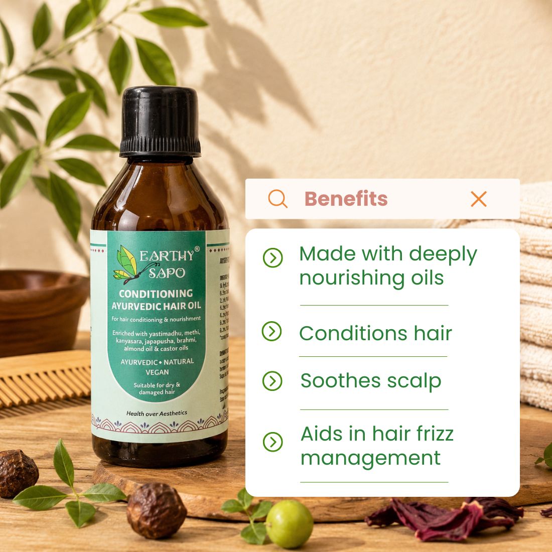 Earthy Sapo Conditioning Ayurvedic Hair Oil for dry, frizzy hair, scalp soothing and deep nourishment.