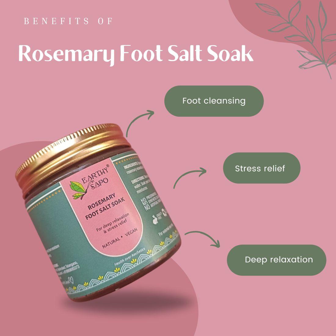 Earthy Sapo Rosemary Foot Salt Soak benefits for foot cleansing, stress relief and relaxation.