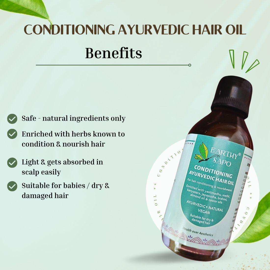 Earthy Sapo Conditioning Ayurvedic Hair Oil benefits, featuring natural ingredients, nourishing herbs, lightweight absorption, and suitability for dry and damaged hair