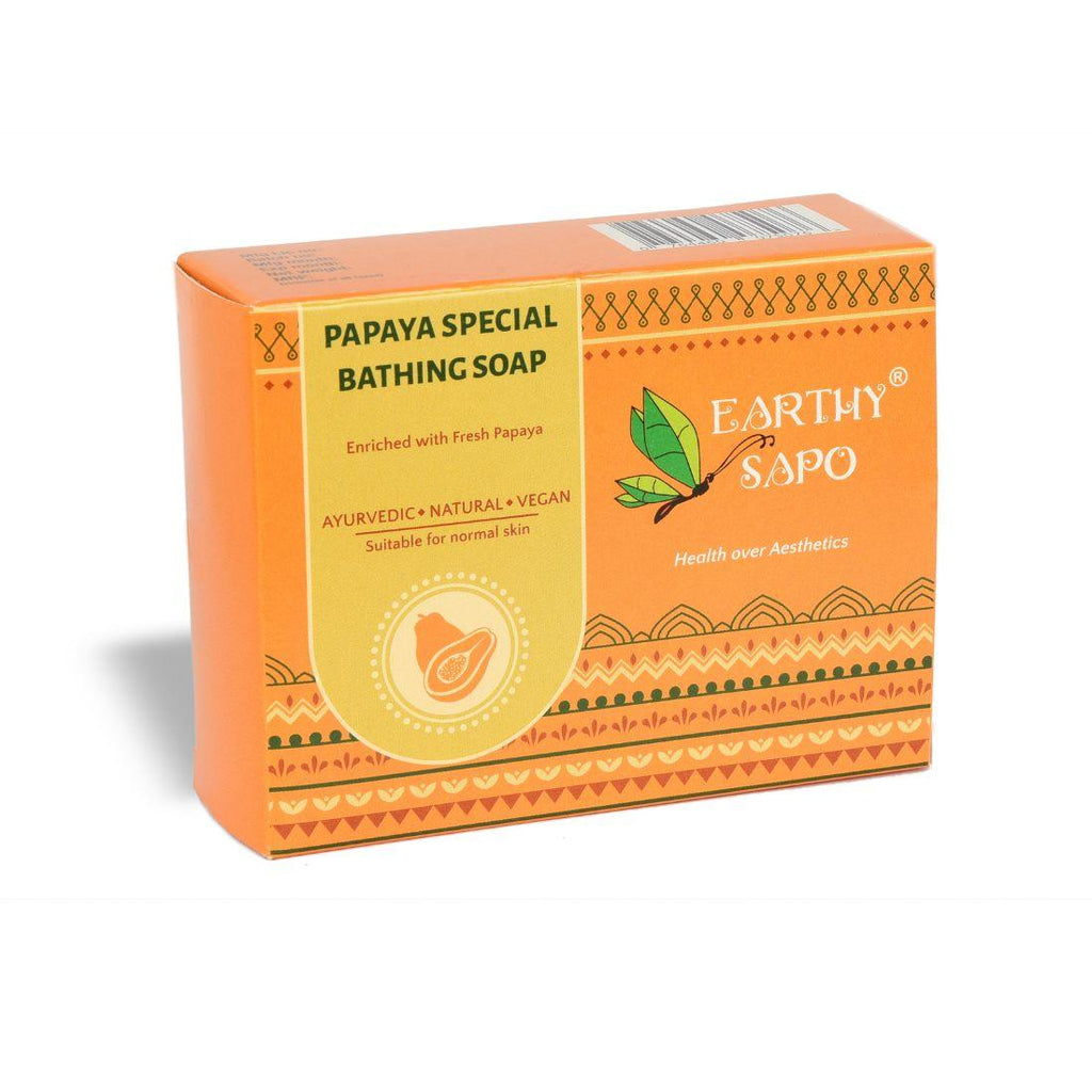 Earthy Sapo Papaya Special Bathing Soap enriched with fresh papaya for gentle cleansing and skin nourishment.
