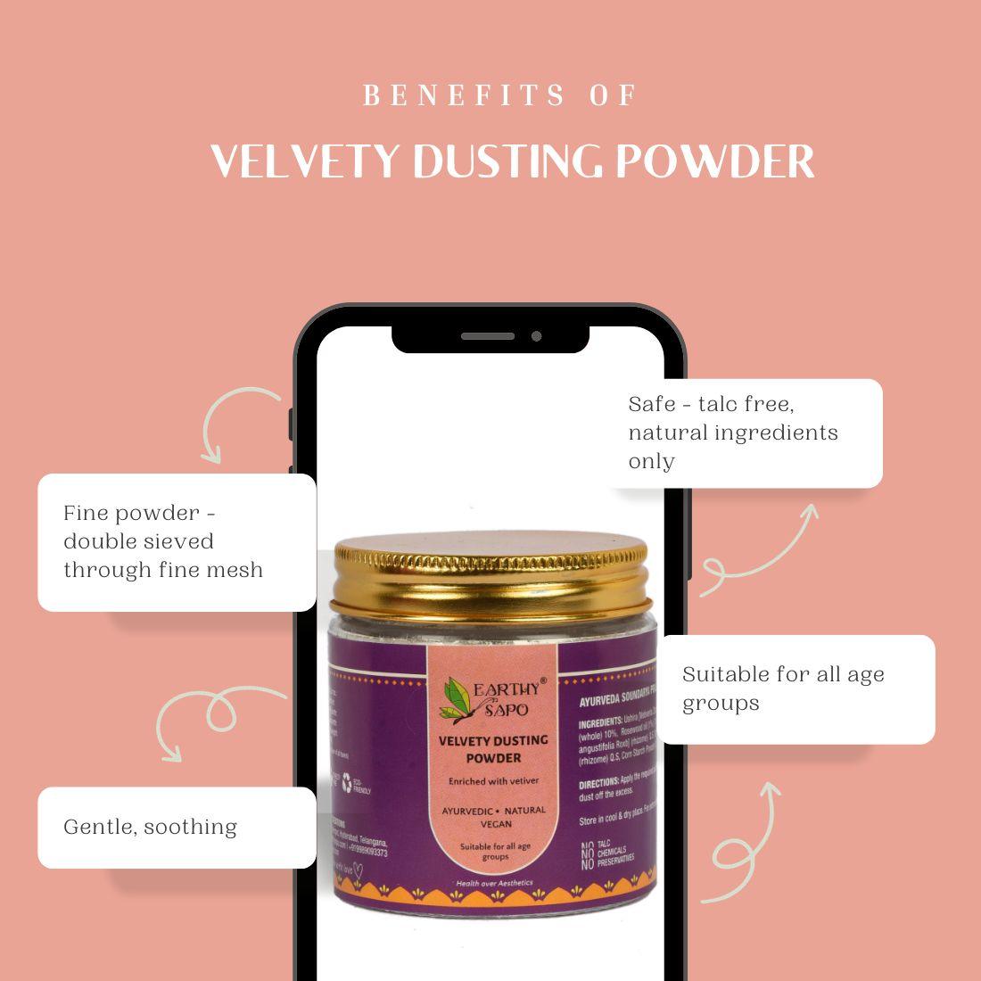 Benefits infographic for Earthy Sapo Velvety Dusting Powder highlighting its talc-free formula, gentle ingredients, fine texture, and suitability for all age groups.